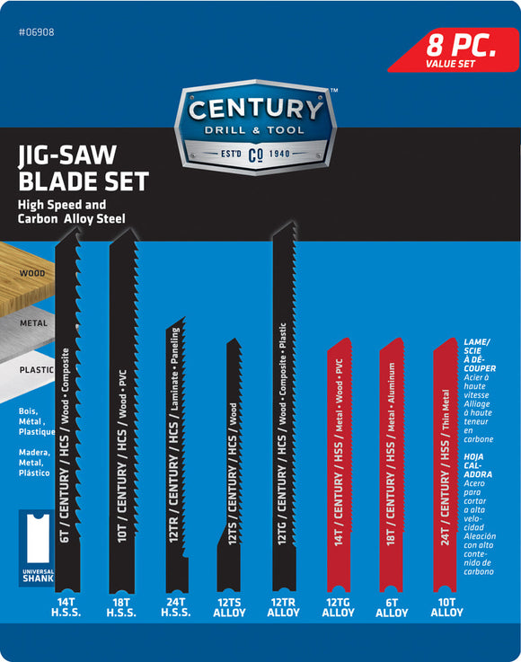 Century Drill And Tool 8 Piece Alloy And High Speed Steel Jig-Saw Blade Set