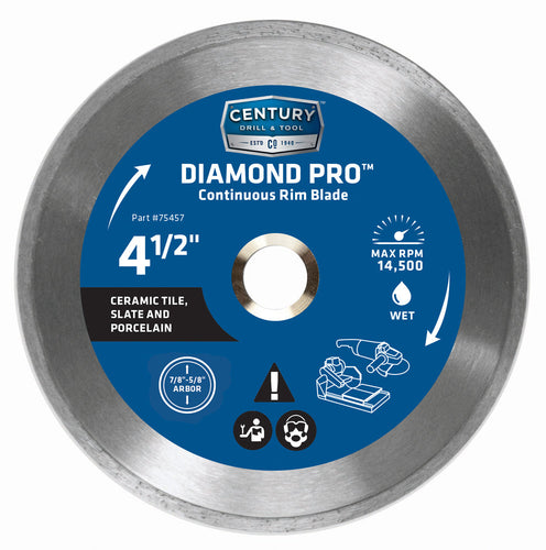 Century Drill And Tool Diamond Continuous Rim 4-1/2″ Saw Blade 7/8″ Arbor 5/8″ Adapter Wet Cut