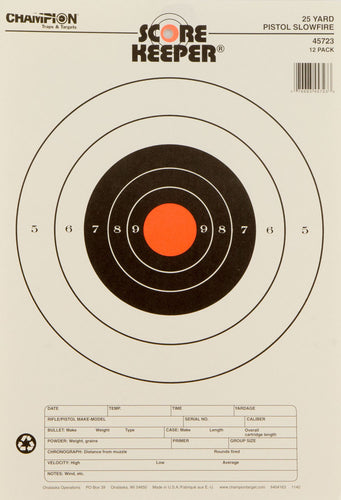 Champion Targets 45723 Scorekeeper 25yd Pistol Slowfire Bullseye Hanging Paper Target 11 x 16 12 Per Pack