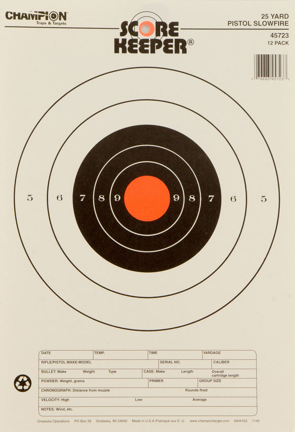 Champion Targets 45723 Scorekeeper 25yd Pistol Slowfire Bullseye Hanging Paper Target 11