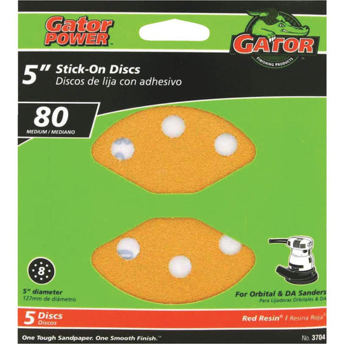 Gator 5 In. 80-Grit 8-Hole Pattern Vented Sanding Disc with Stick-On Backing (5-Pack)